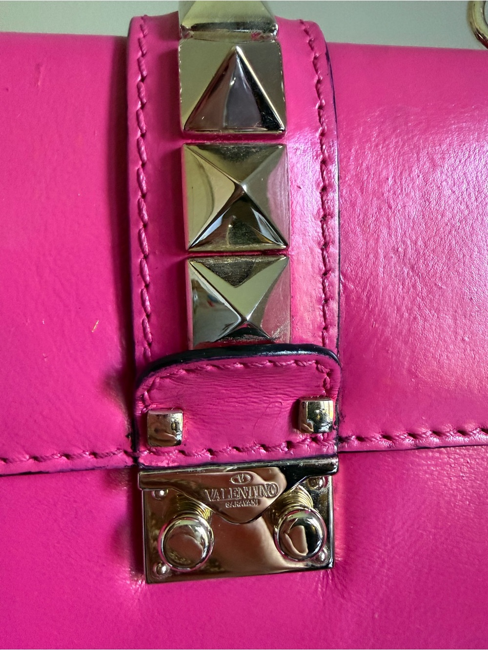 Valentino Garavani Hot Pink Leather Mini Shoulder Bag with Gold Rockstuds